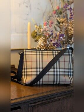 Burberry Vintage Beige Black and Red Signature Canvas Crossbody